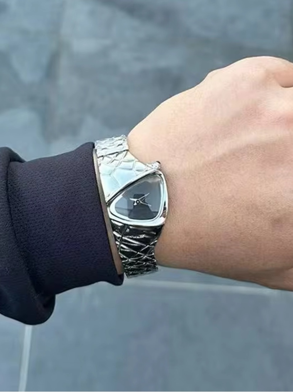 Men's Silver Bracelet Watch with Black Triangular Dial
